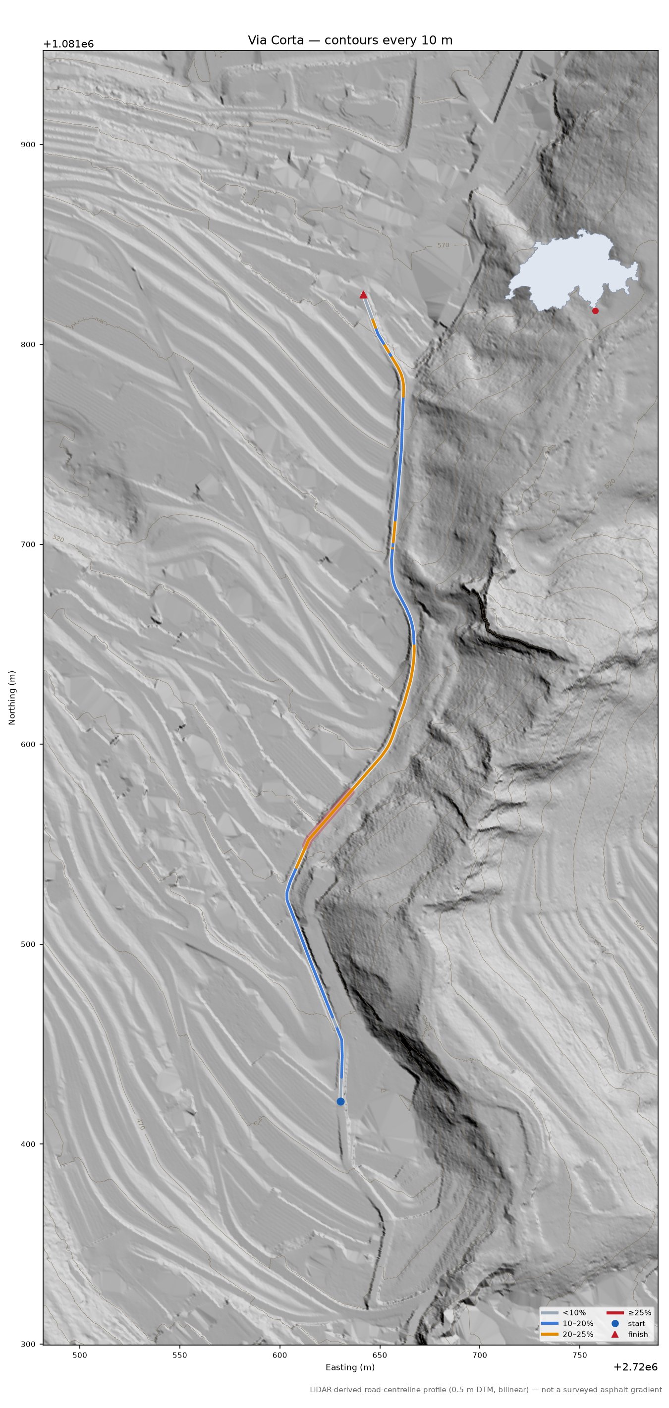 Via Corta LiDAR hillshade map with contours