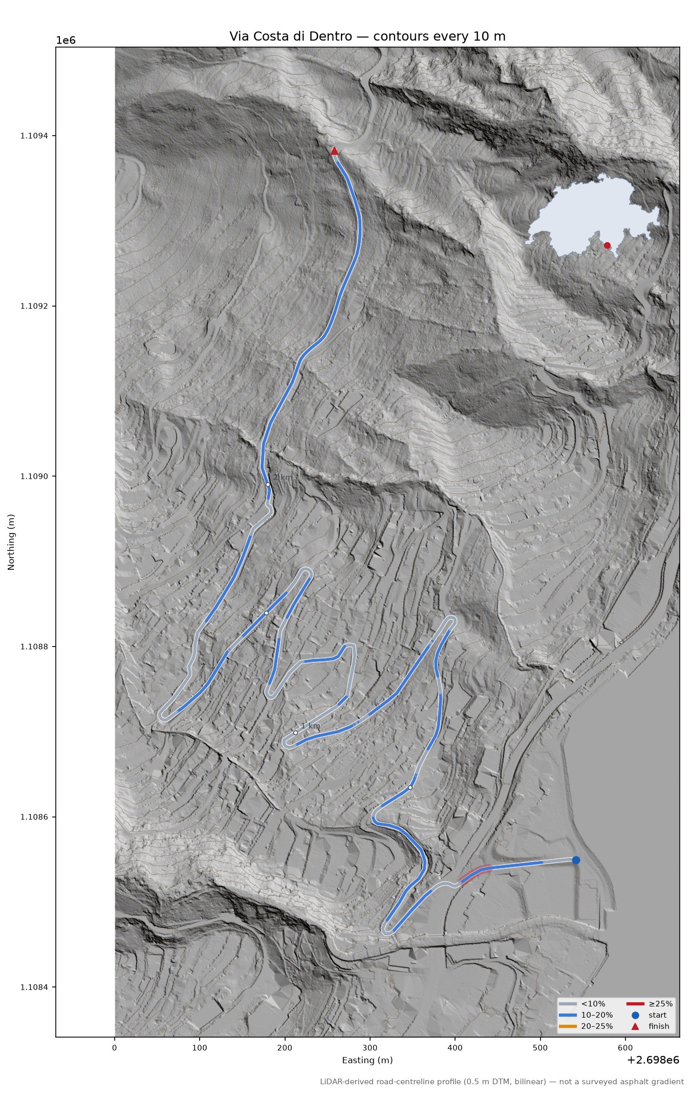 Via Costa di Dentro LiDAR hillshade map with contours