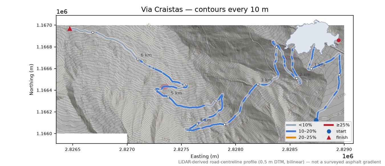 Via Craistas LiDAR hillshade map with contours
