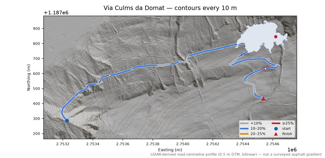 Via Culms da Domat LiDAR hillshade map with contours