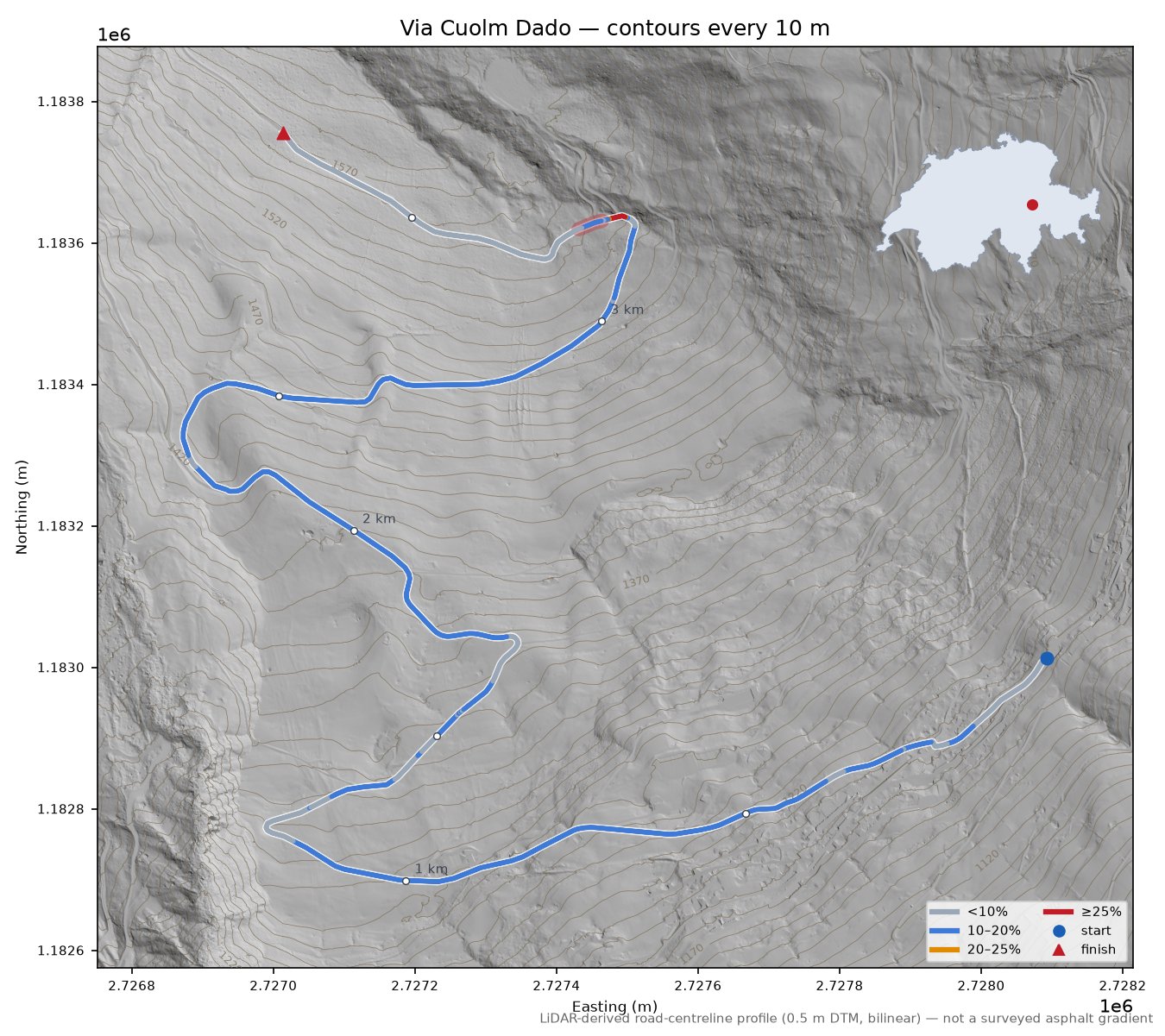 Via Cuolm Dado LiDAR hillshade map with contours