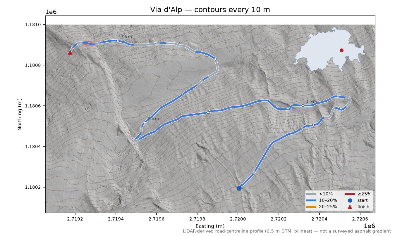 Via d'Alp LiDAR hillshade map with contours