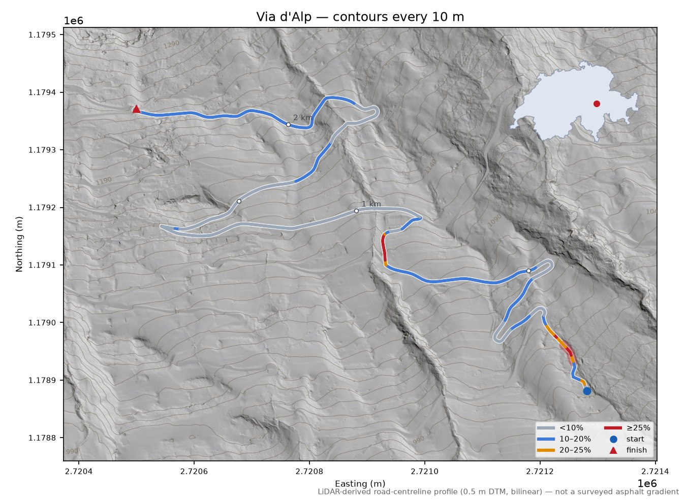 Via d'Alp LiDAR hillshade map with contours