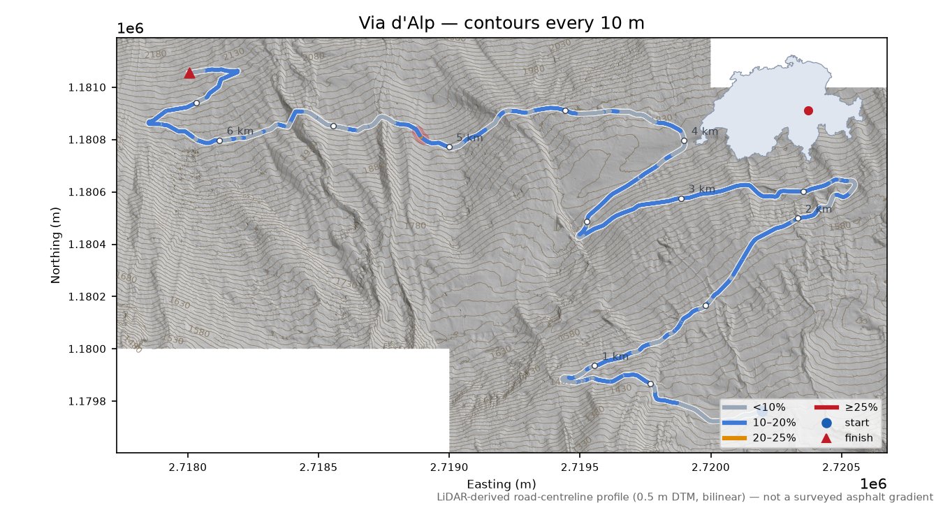 Via d'Alp LiDAR hillshade map with contours