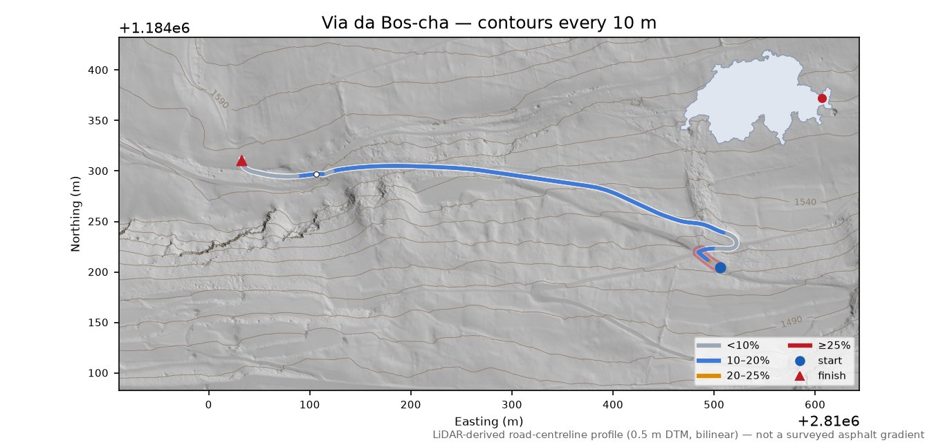 Via da Bos-cha LiDAR hillshade map with contours