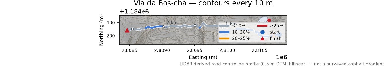 Via da Bos-cha LiDAR hillshade map with contours