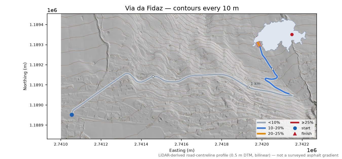 Via da Fidaz LiDAR hillshade map with contours