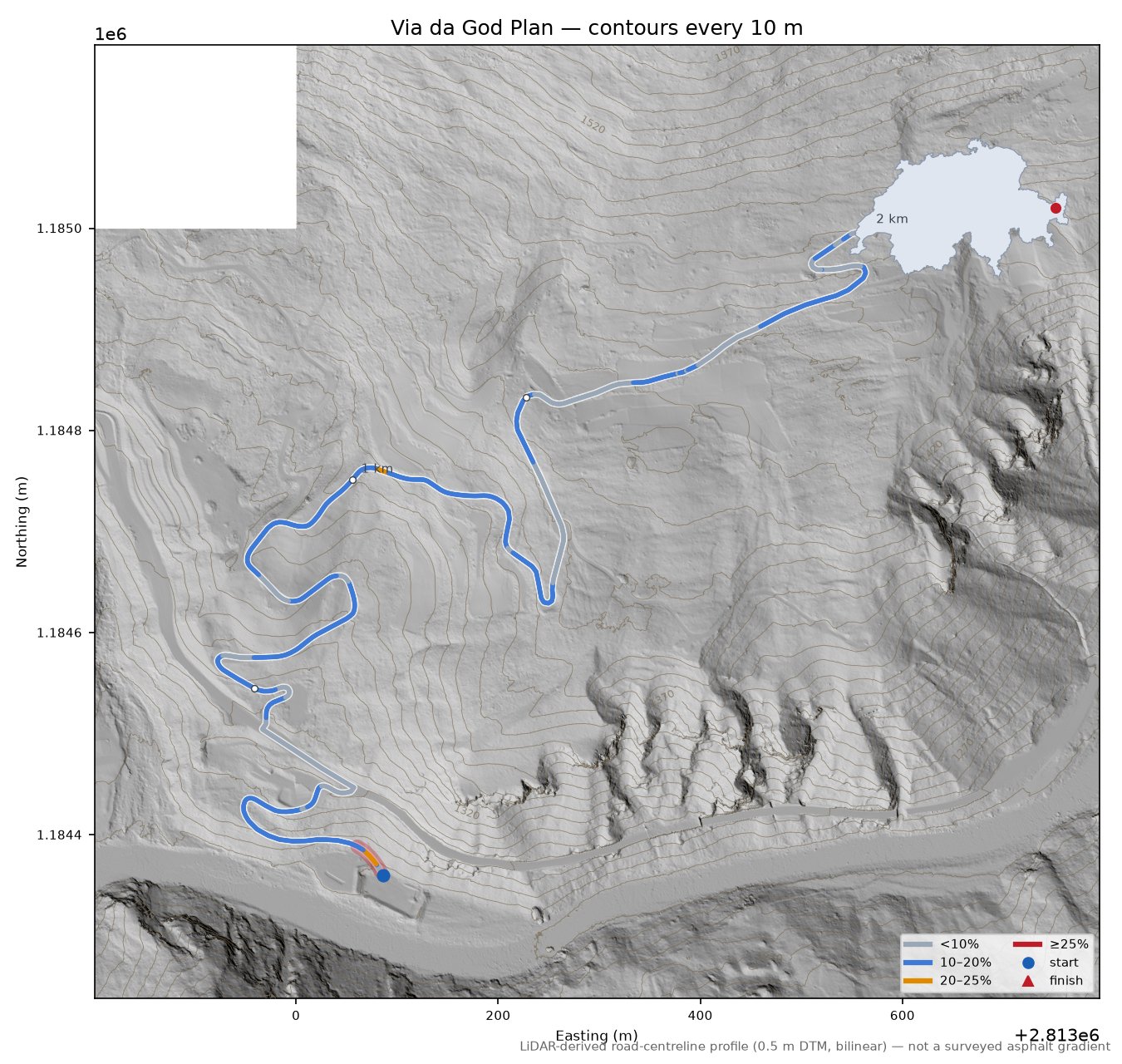 Via da God Plan LiDAR hillshade map with contours