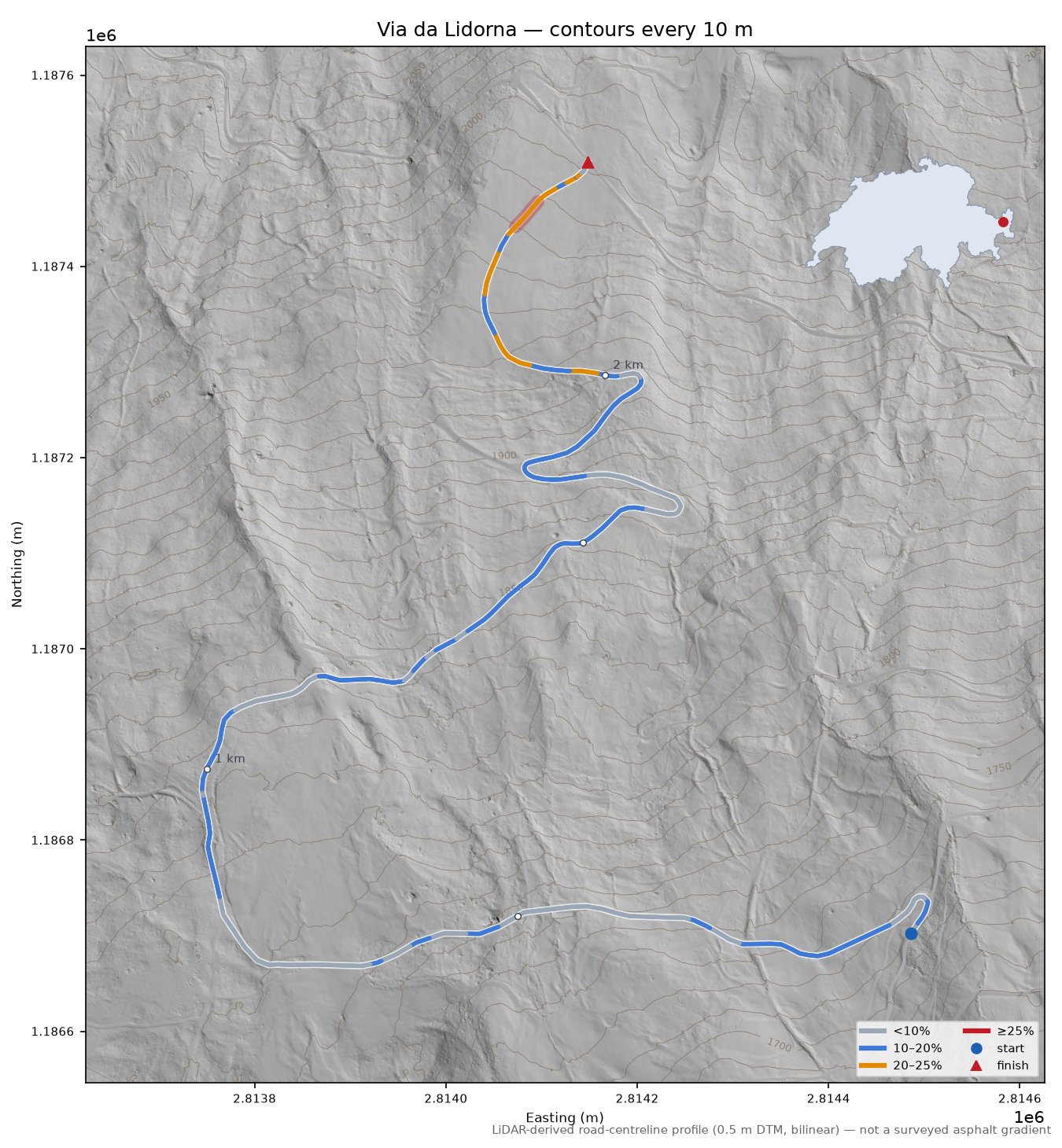 Via da Lidorna LiDAR hillshade map with contours