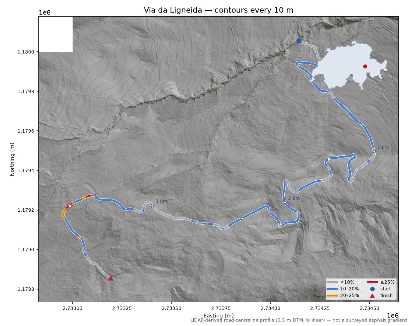 Via da Ligneida LiDAR hillshade map with contours