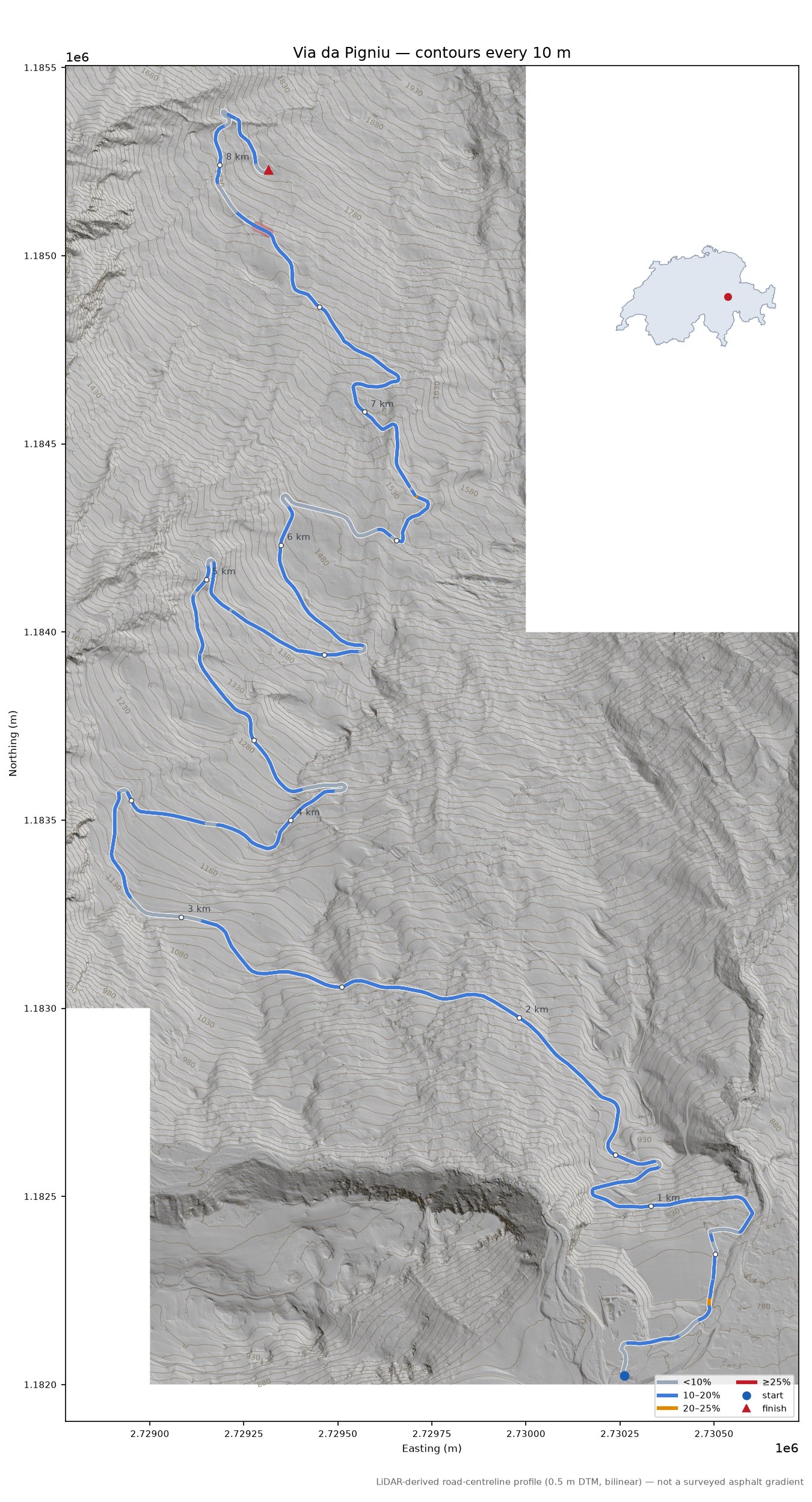 Via da Pigniu LiDAR hillshade map with contours