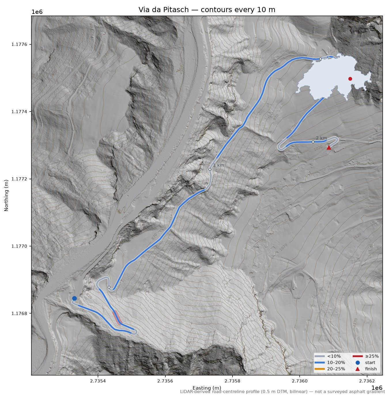 Via da Pitasch LiDAR hillshade map with contours