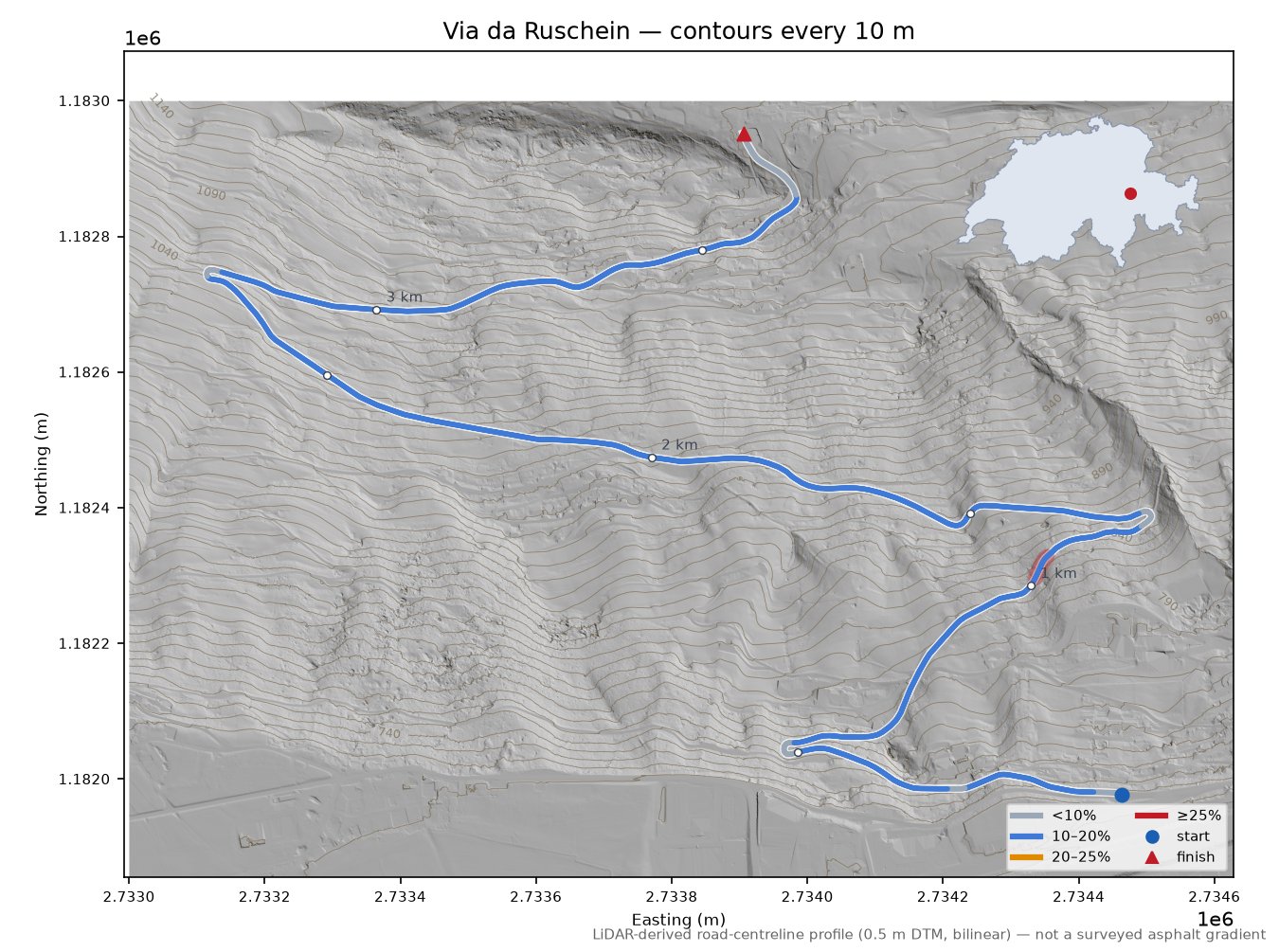 Via da Ruschein LiDAR hillshade map with contours