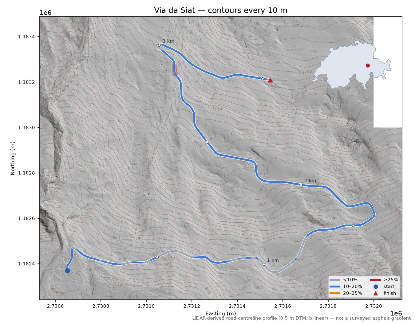 Via da Siat LiDAR hillshade map with contours