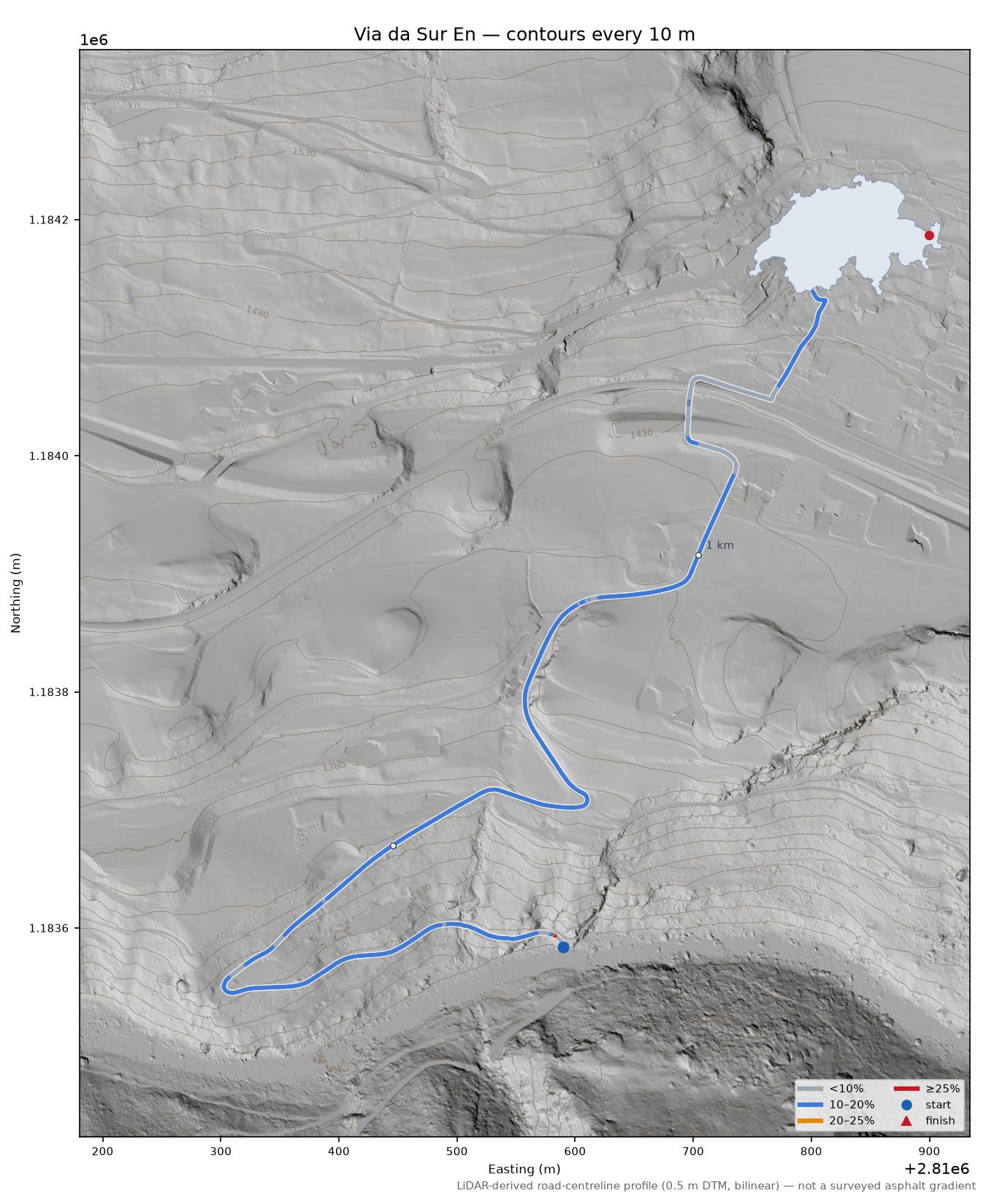 Via da Sur En LiDAR hillshade map with contours