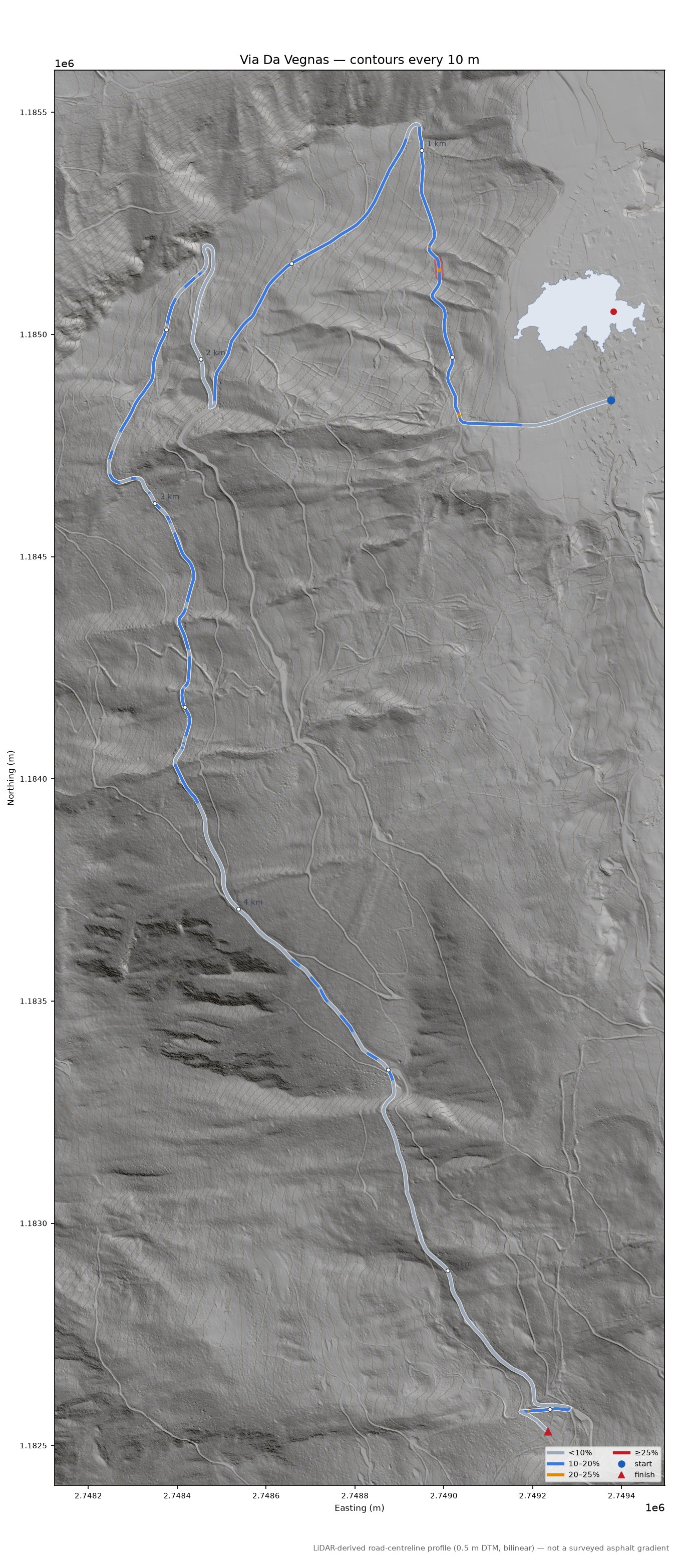 Via Da Vegnas LiDAR hillshade map with contours