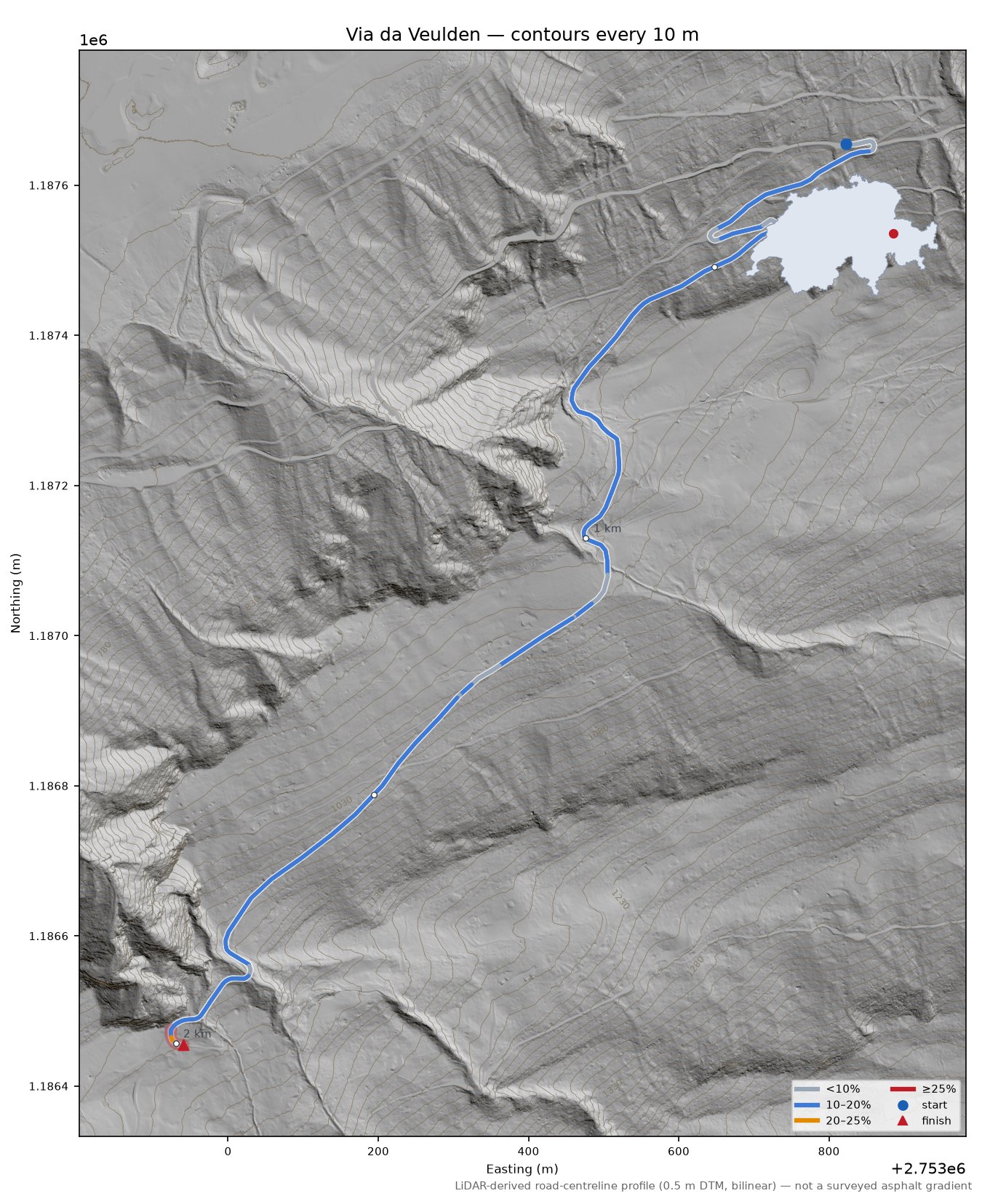 Via da Veulden LiDAR hillshade map with contours