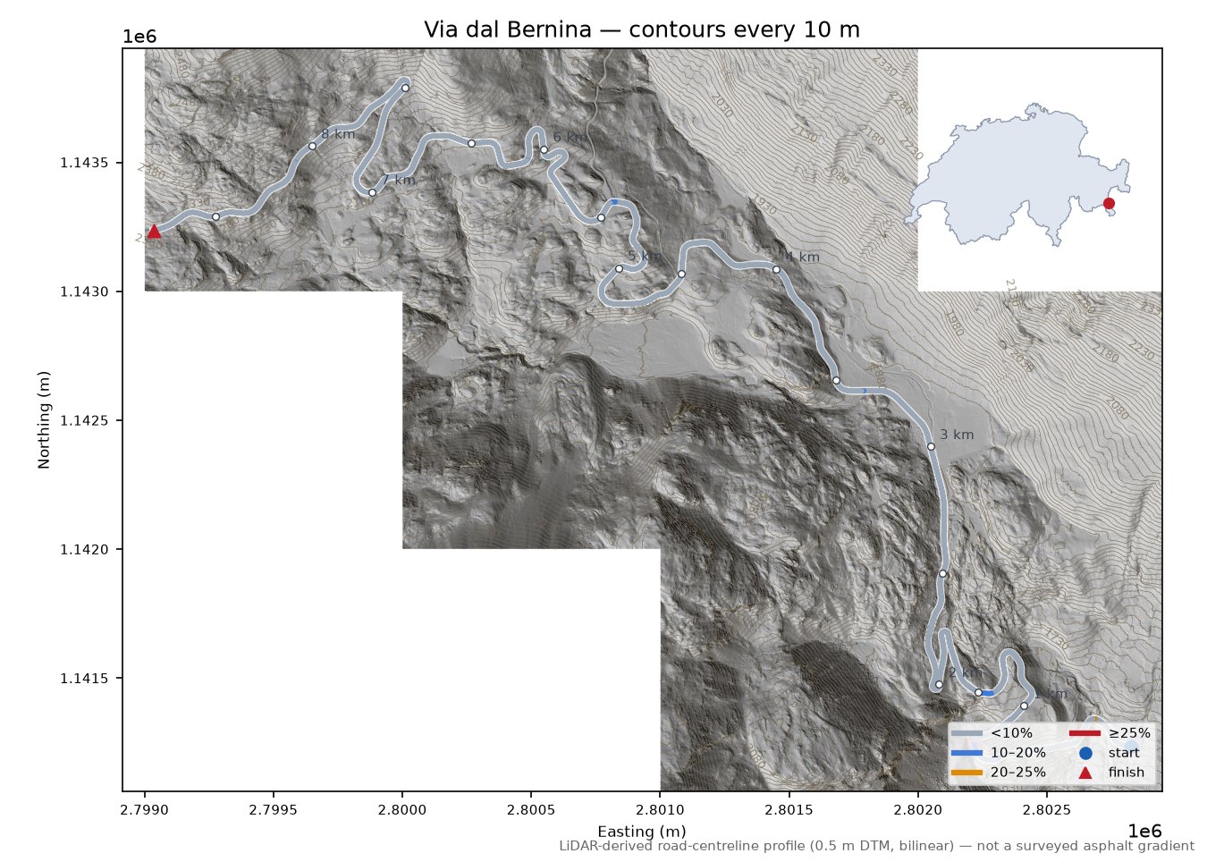 Via dal Bernina LiDAR hillshade map with contours