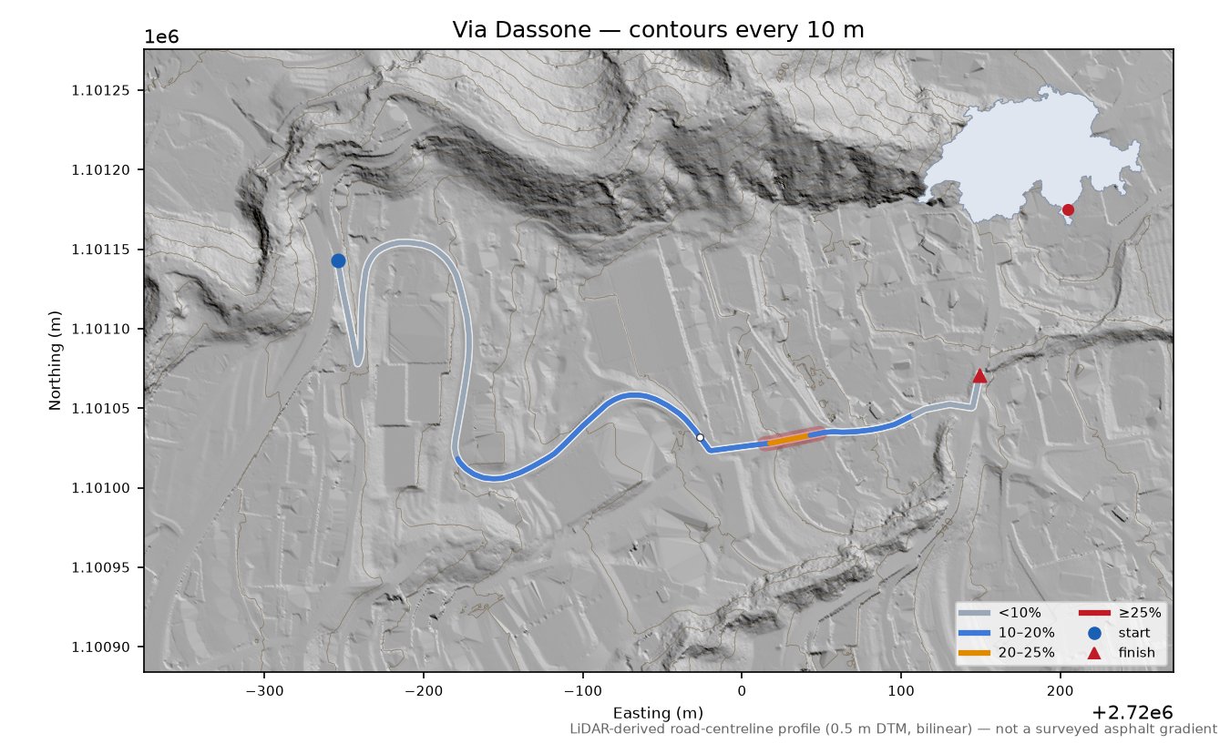 Via Dassone LiDAR hillshade map with contours
