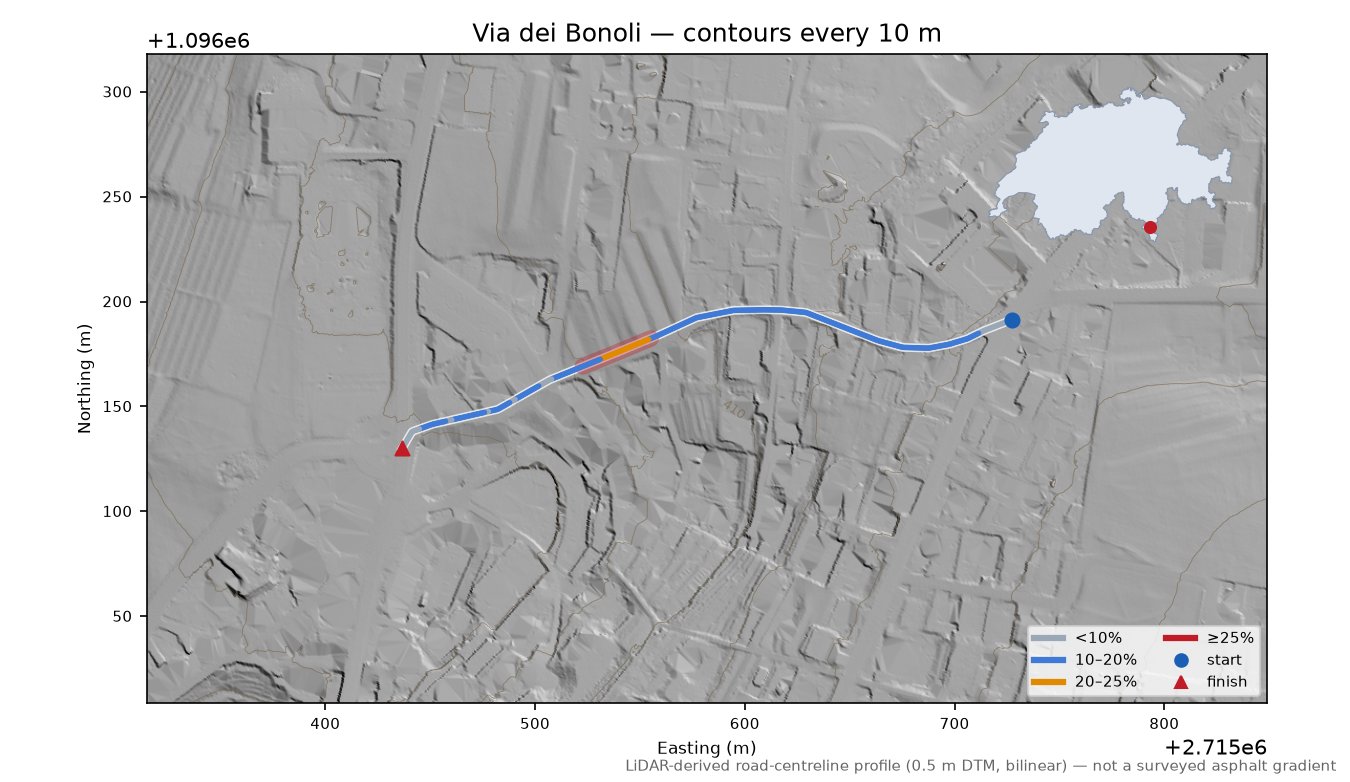 Via dei Bonoli LiDAR hillshade map with contours