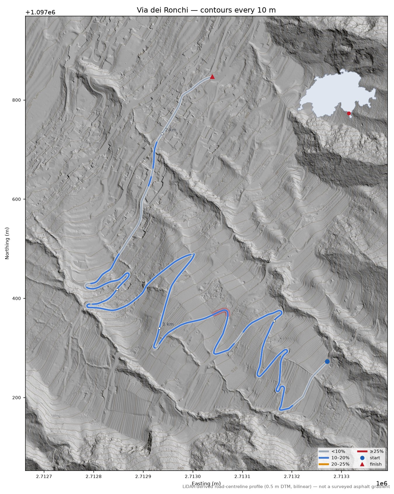 Via dei Ronchi LiDAR hillshade map with contours
