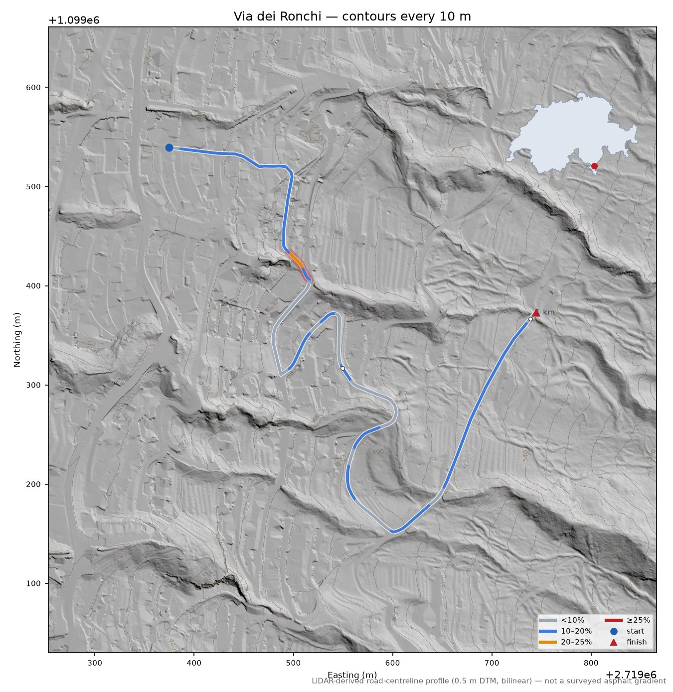 Via dei Ronchi LiDAR hillshade map with contours
