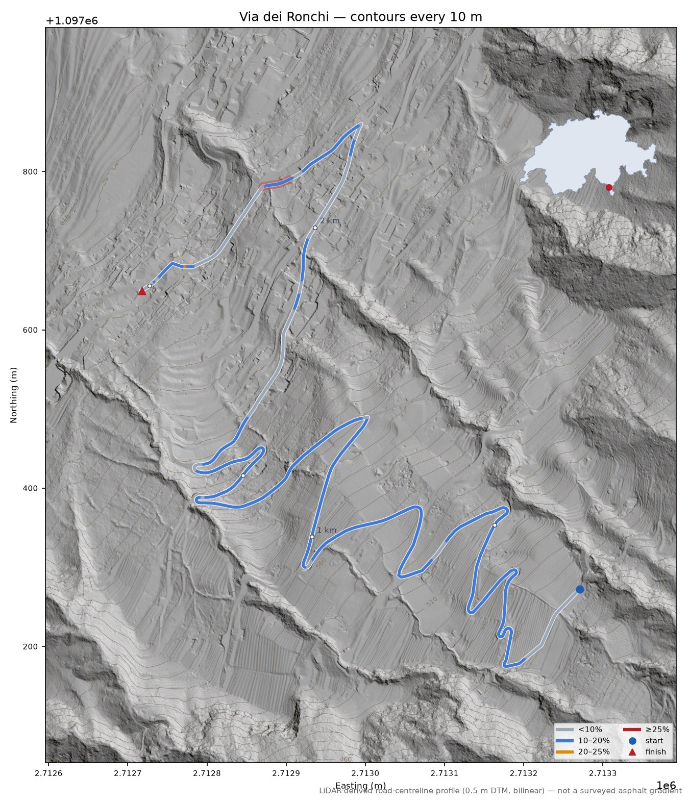 Via dei Ronchi LiDAR hillshade map with contours
