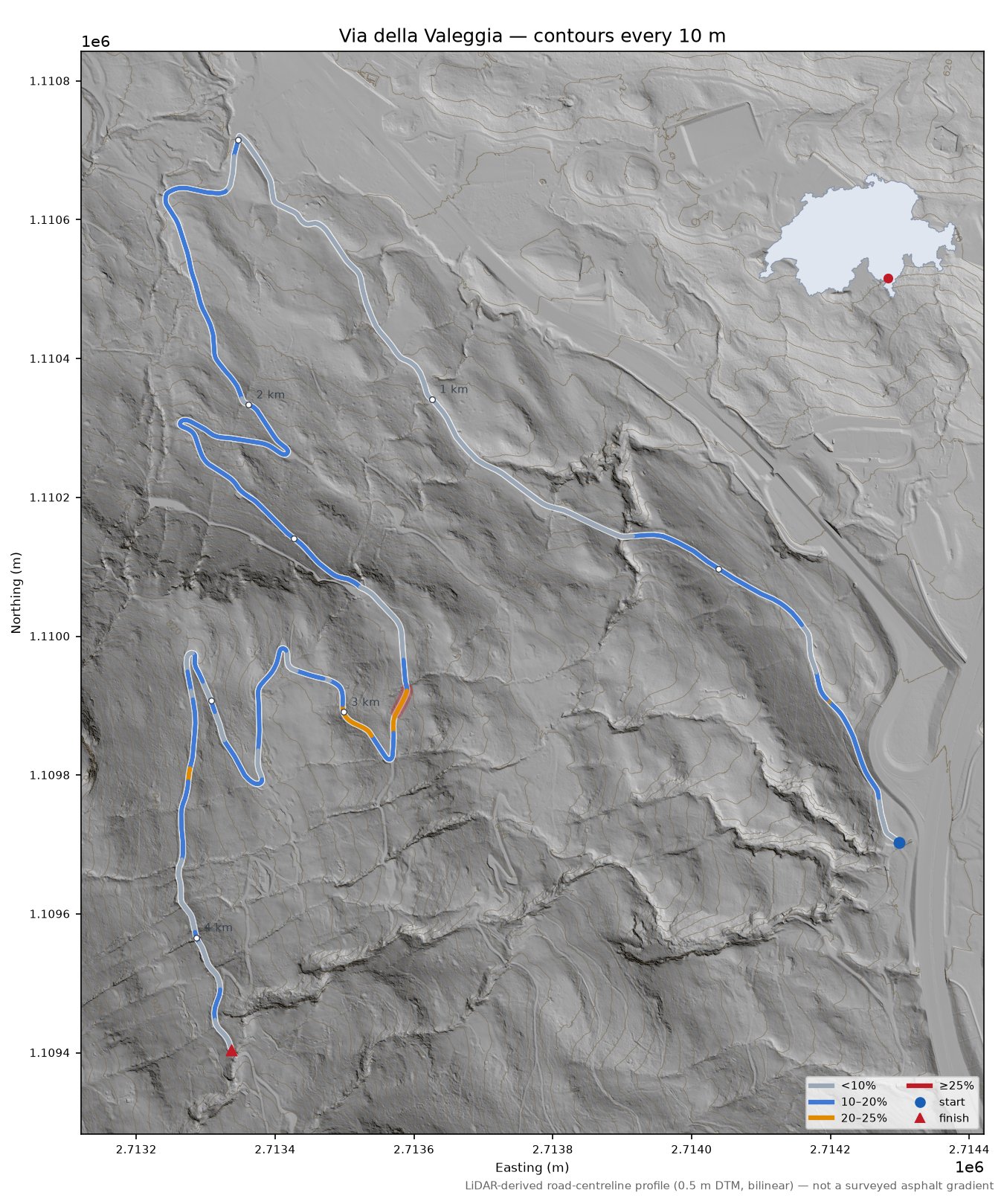 Via della Valeggia LiDAR hillshade map with contours