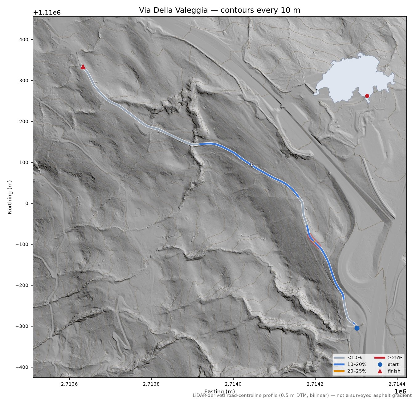 Via Della Valeggia LiDAR hillshade map with contours