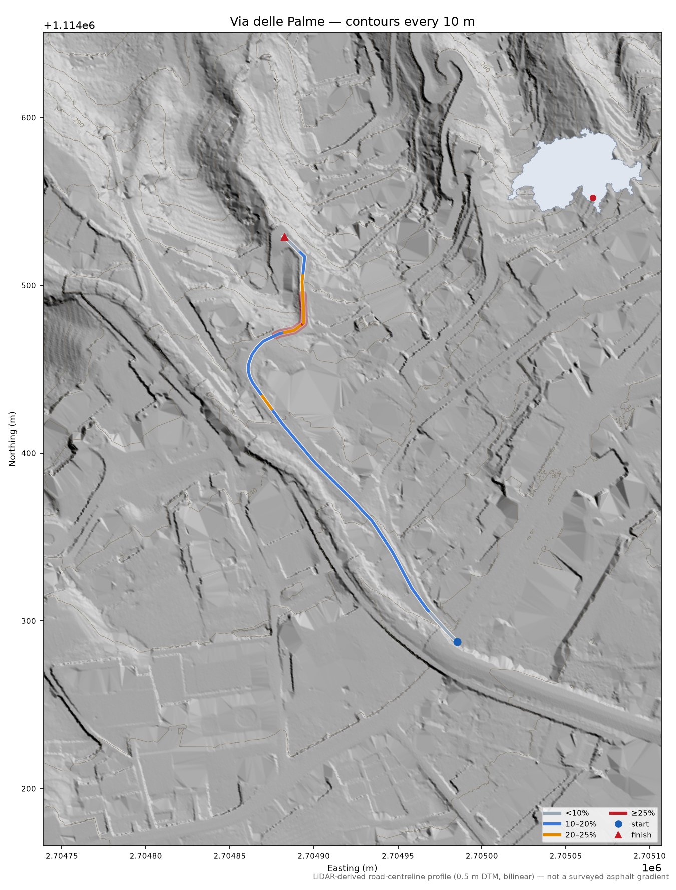 Via delle Palme LiDAR hillshade map with contours