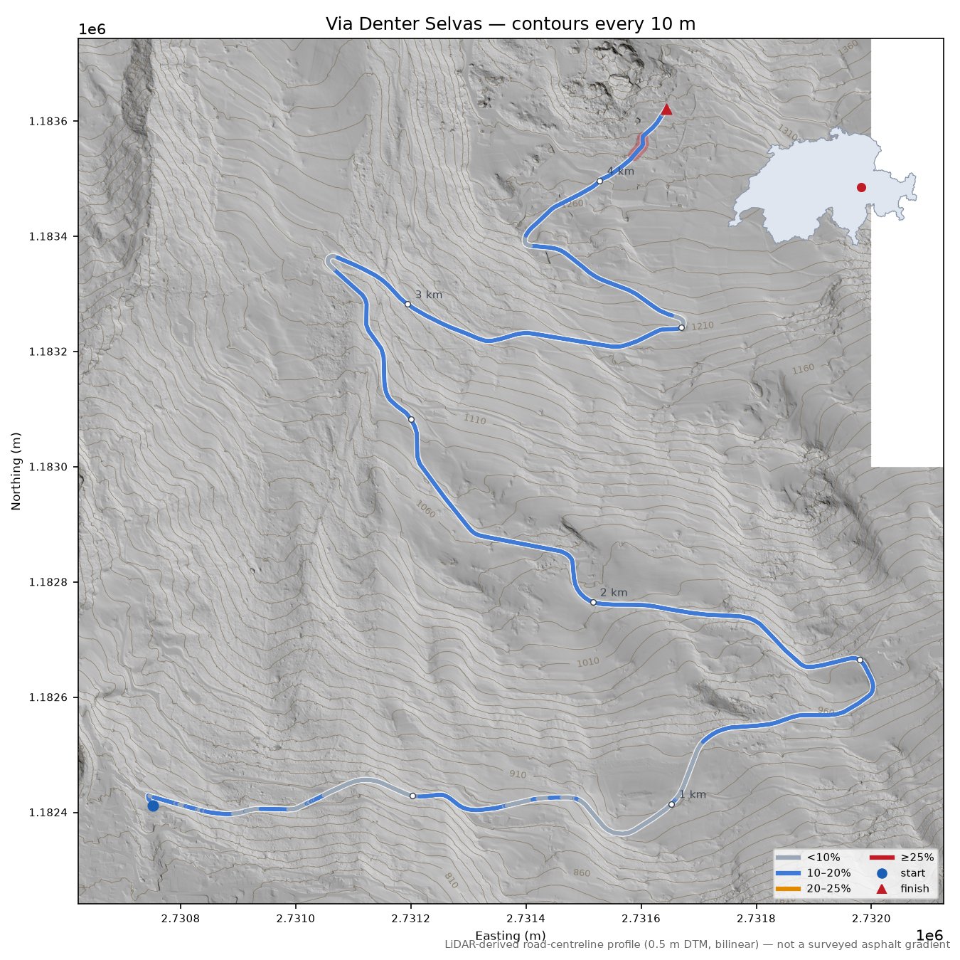 Via Denter Selvas LiDAR hillshade map with contours