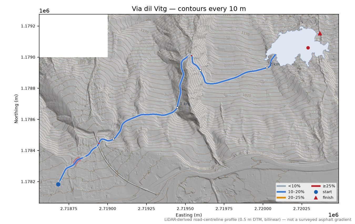 Via dil Vitg LiDAR hillshade map with contours