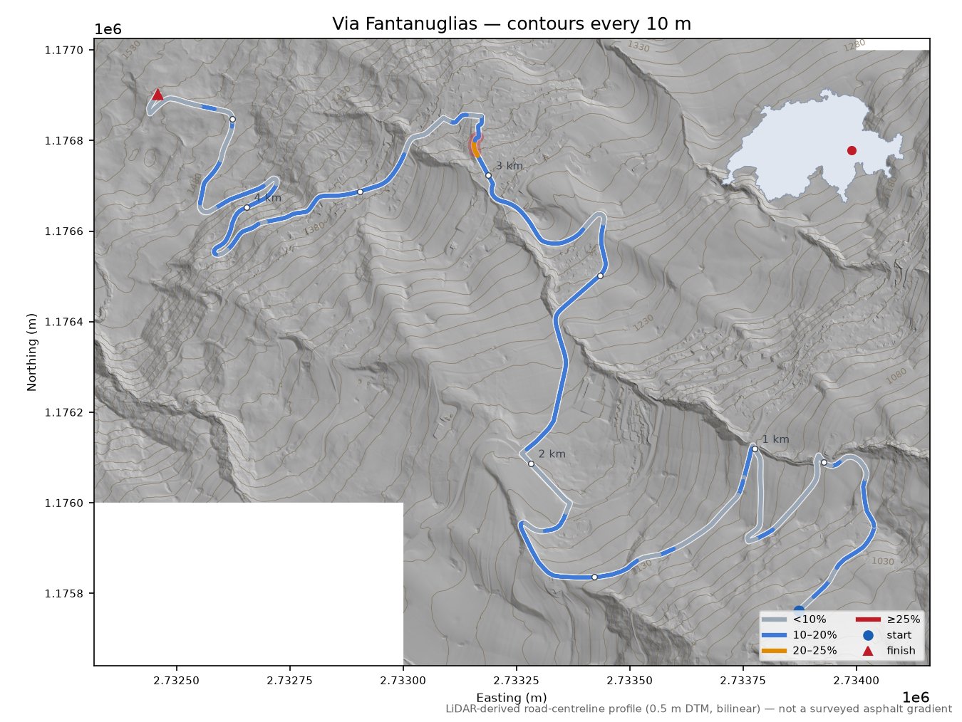 Via Fantanuglias LiDAR hillshade map with contours