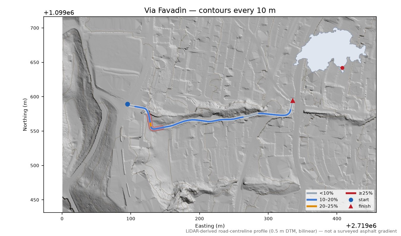 Via Favadìn LiDAR hillshade map with contours