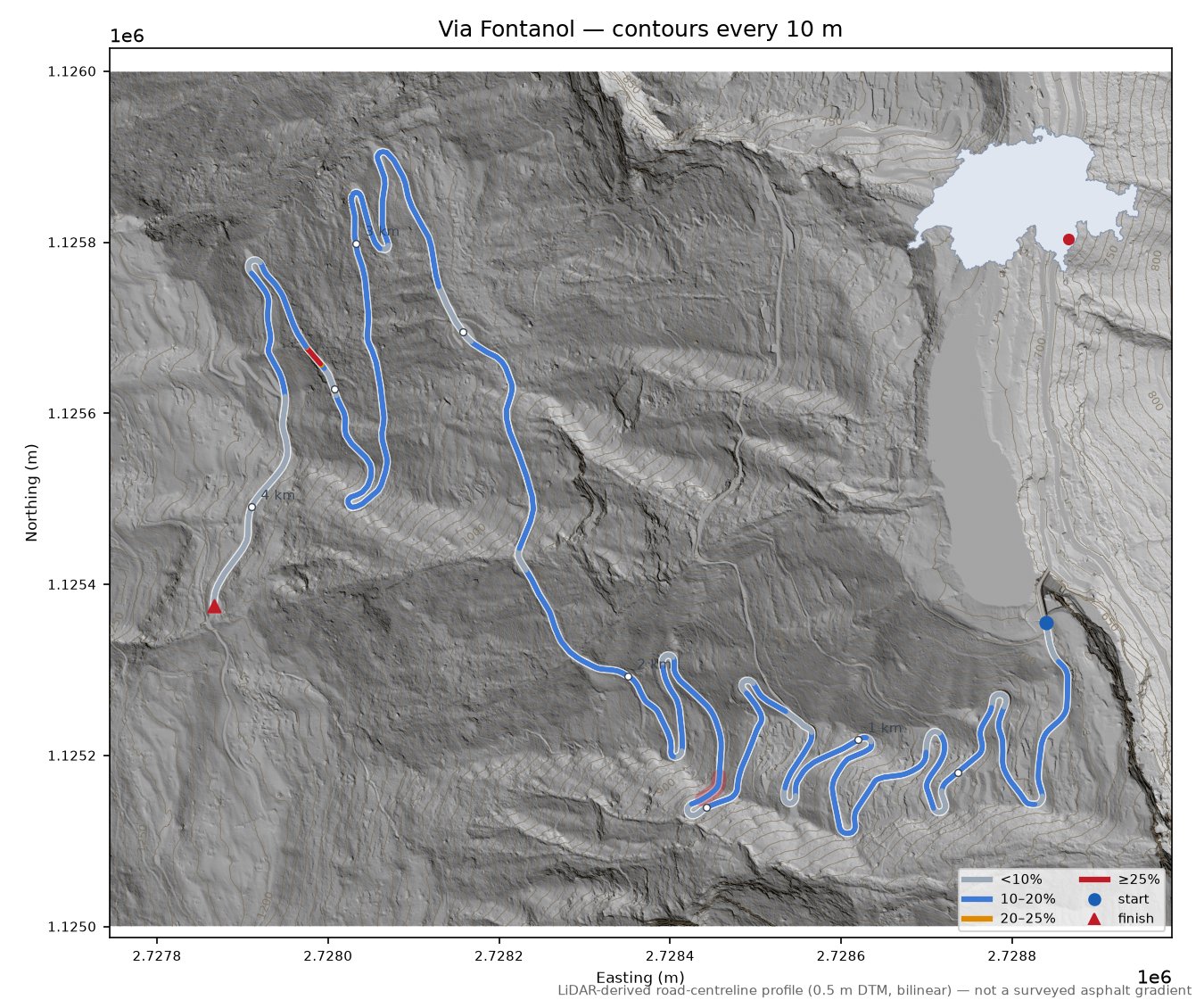 Via Fontanol LiDAR hillshade map with contours