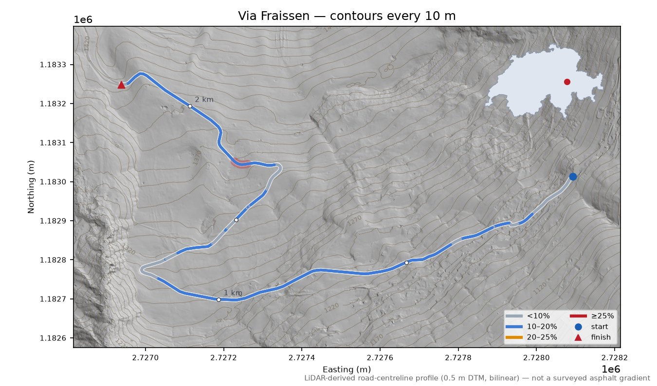 Via Fraissen LiDAR hillshade map with contours