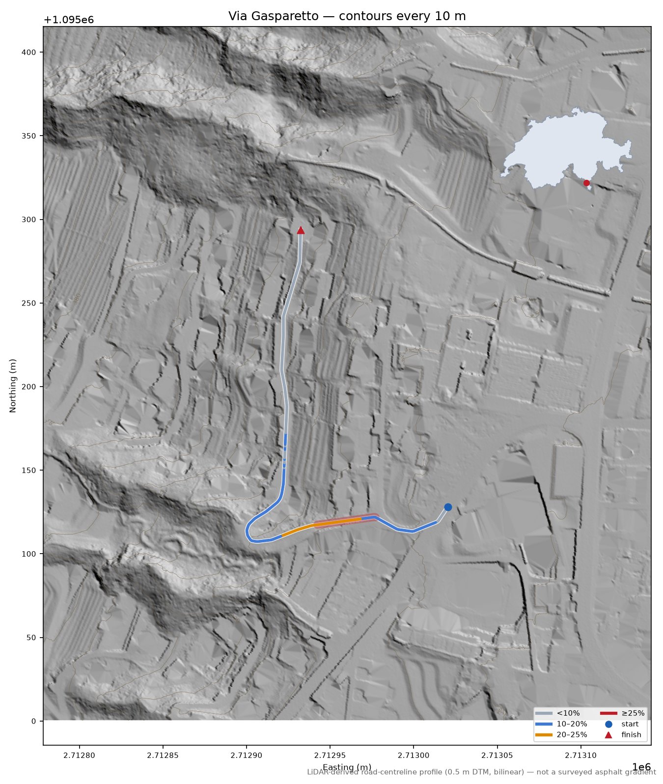 Via Gasparetto LiDAR hillshade map with contours