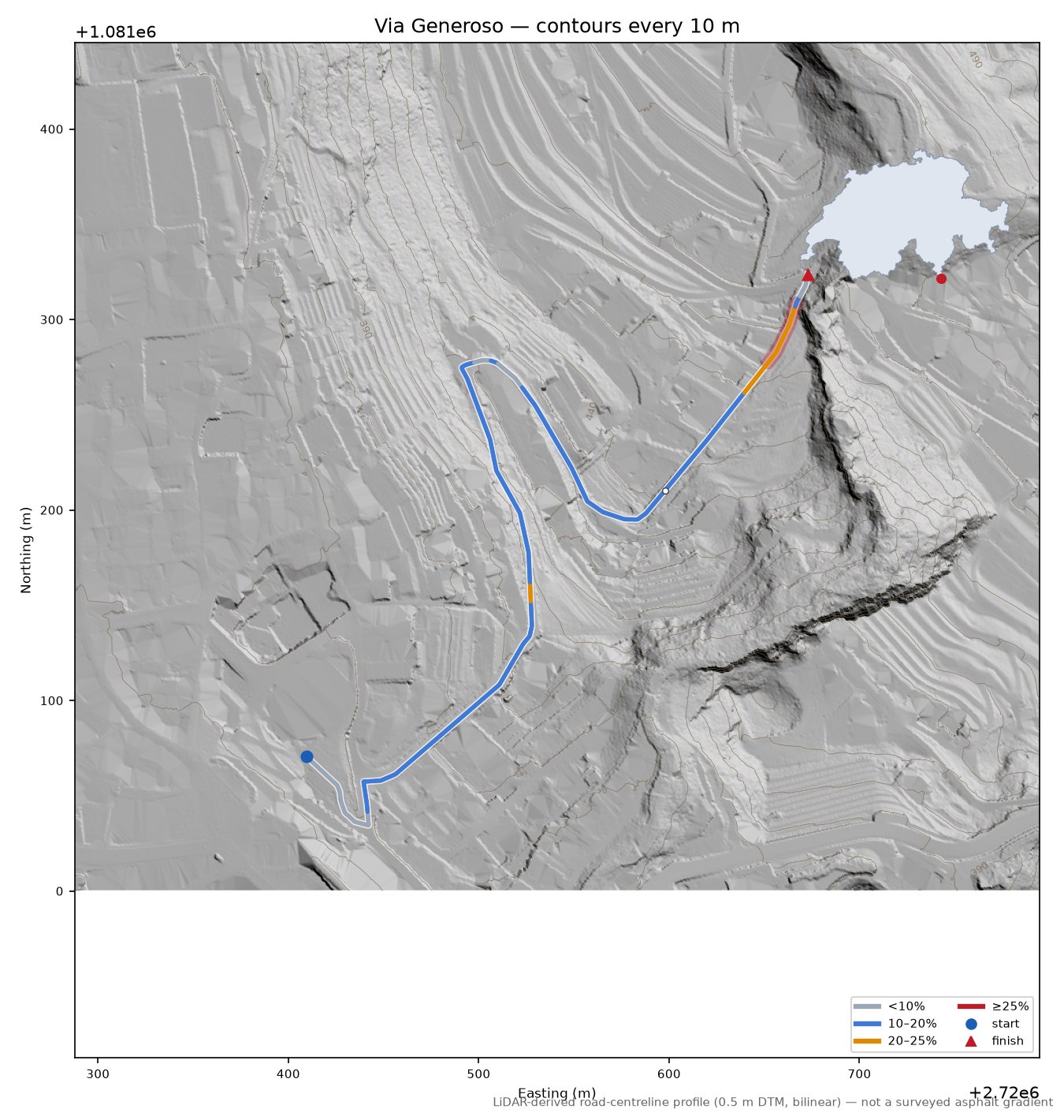 Via Generoso LiDAR hillshade map with contours