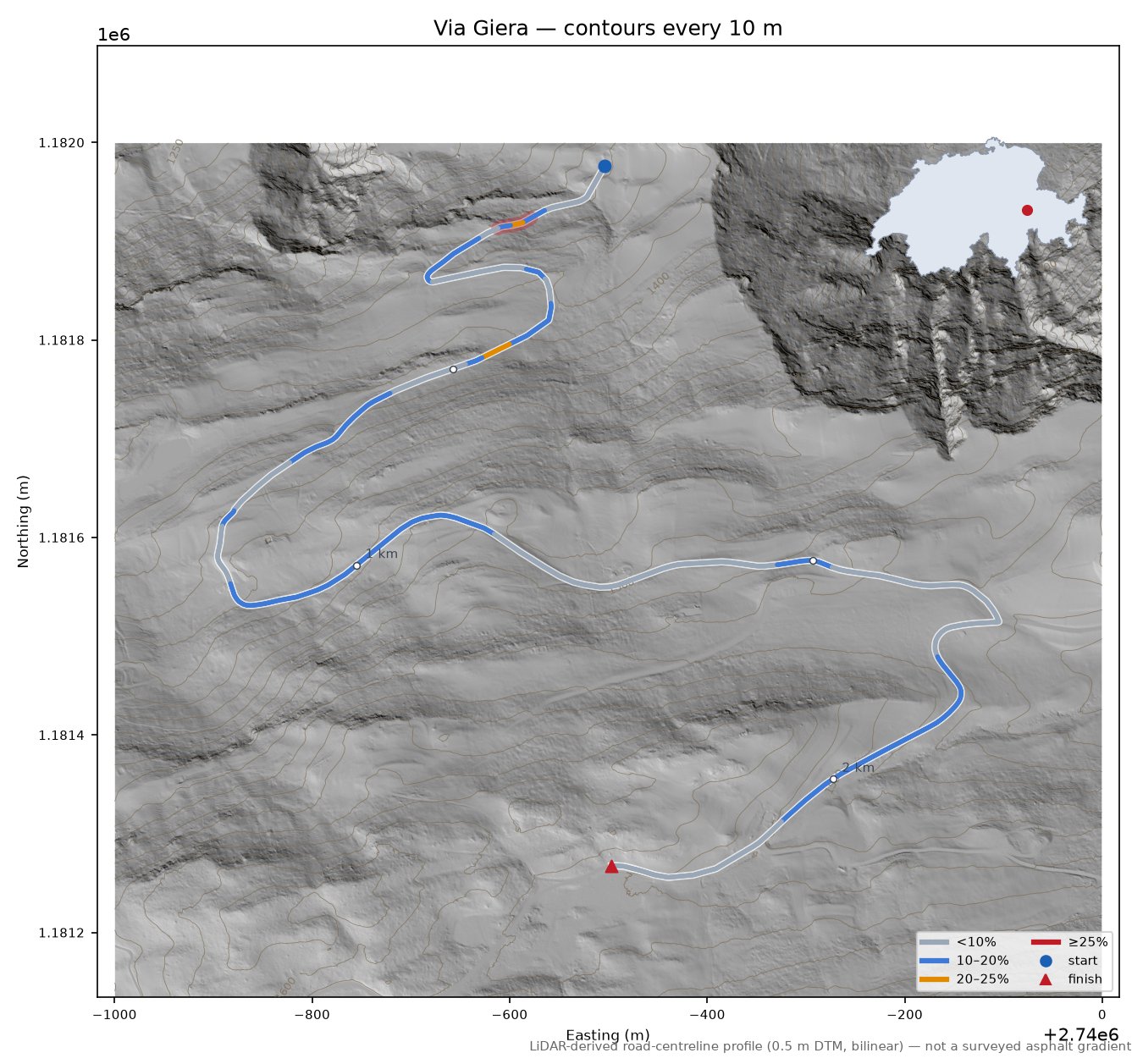 Via Giera LiDAR hillshade map with contours