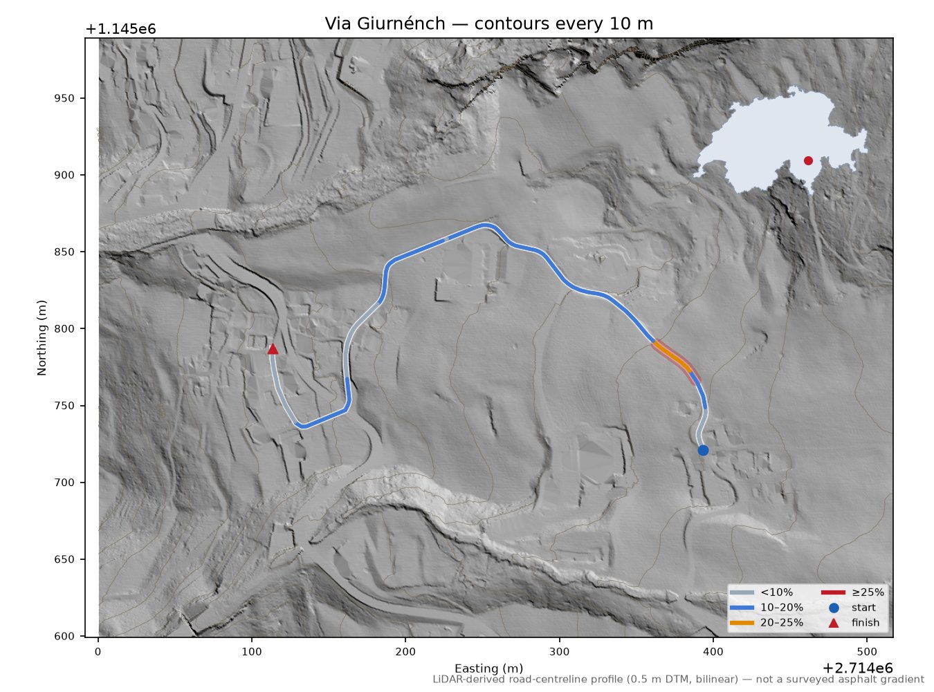 Via Giurnénch LiDAR hillshade map with contours
