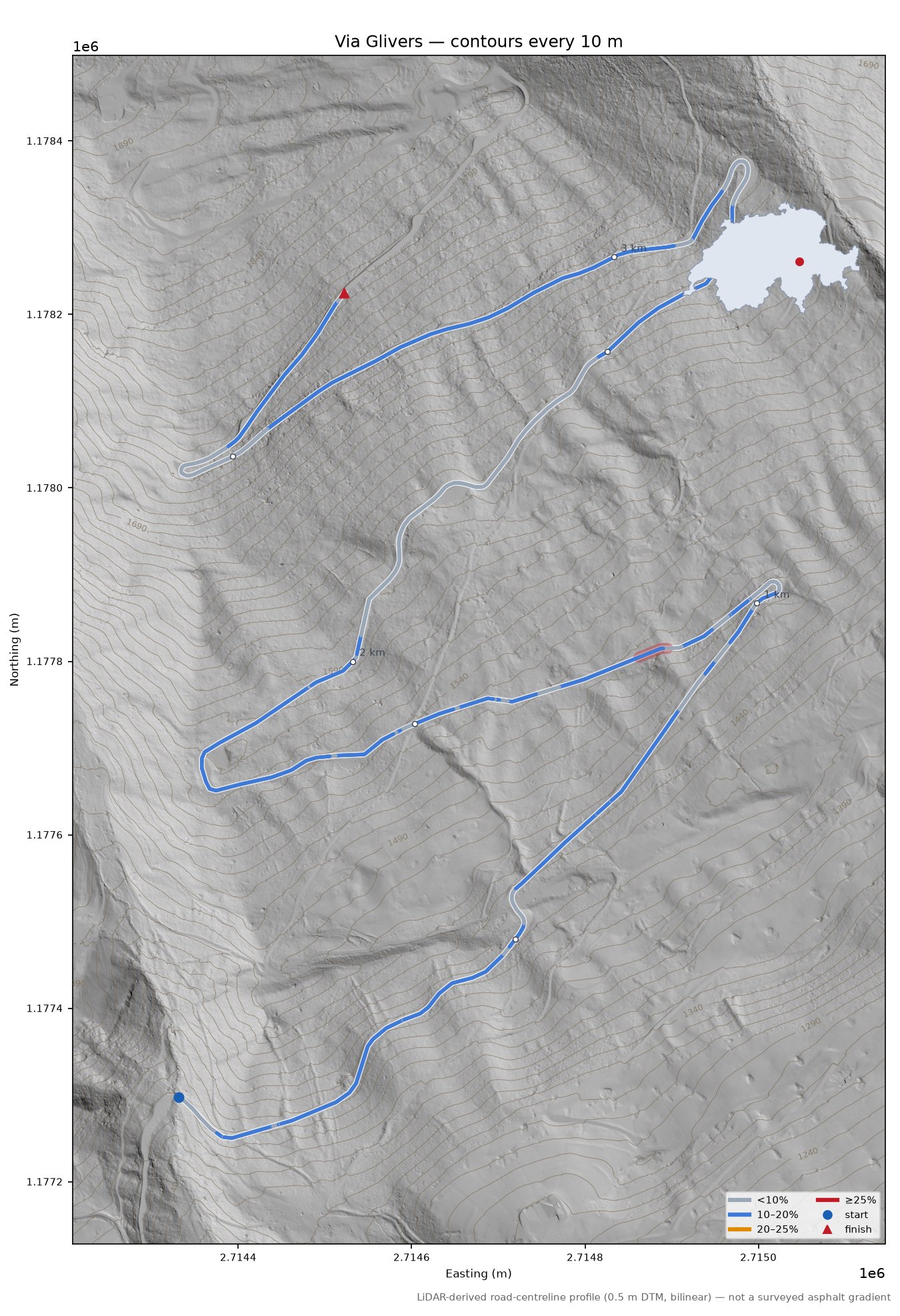Via Glivers LiDAR hillshade map with contours