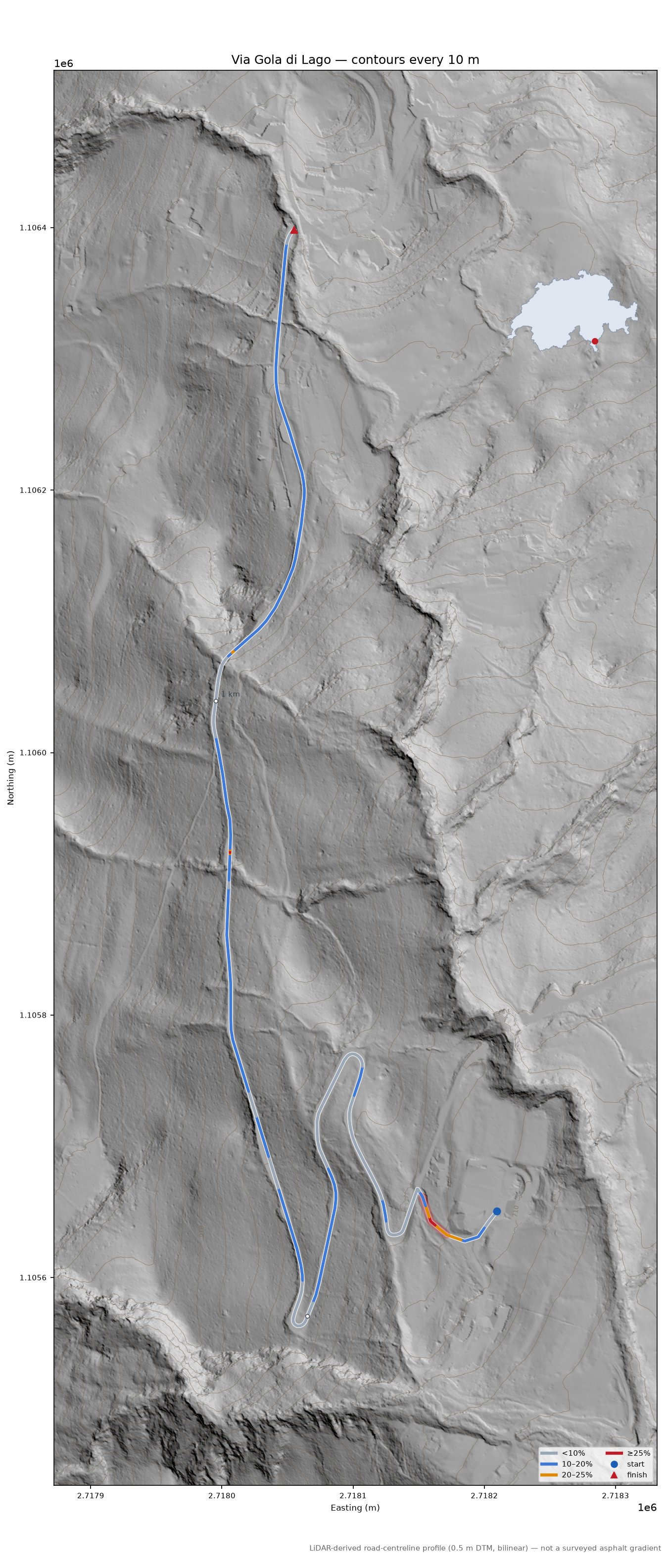 Via Gola di Lago LiDAR hillshade map with contours