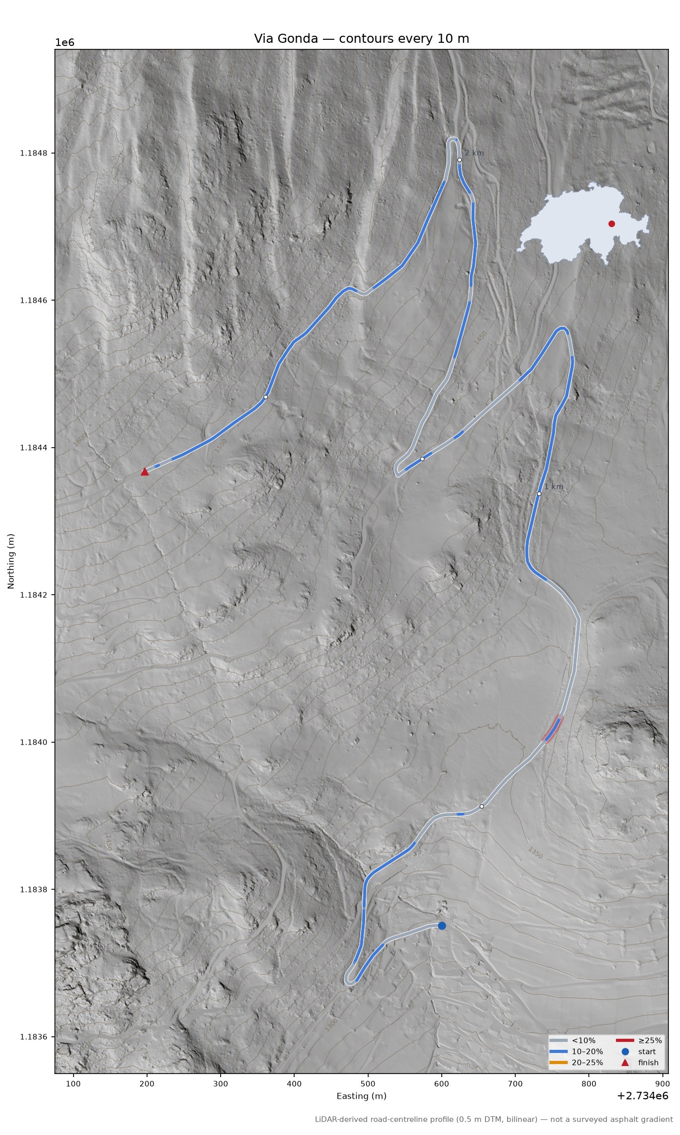 Via Gonda LiDAR hillshade map with contours