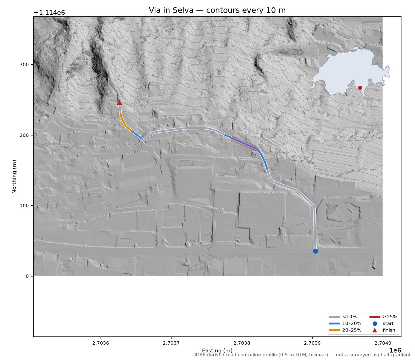 Via in Selva LiDAR hillshade map with contours