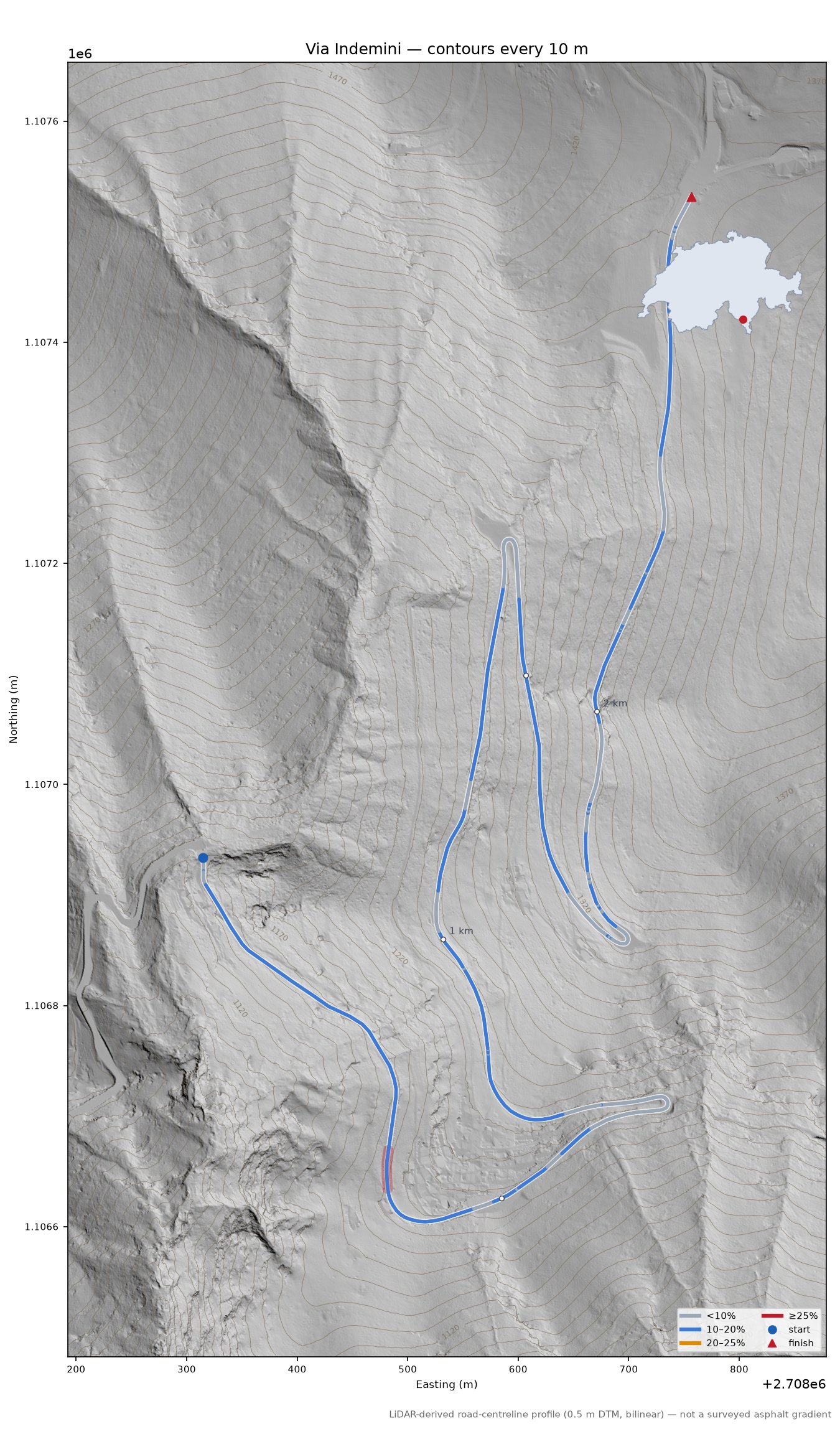 Via Indemini LiDAR hillshade map with contours