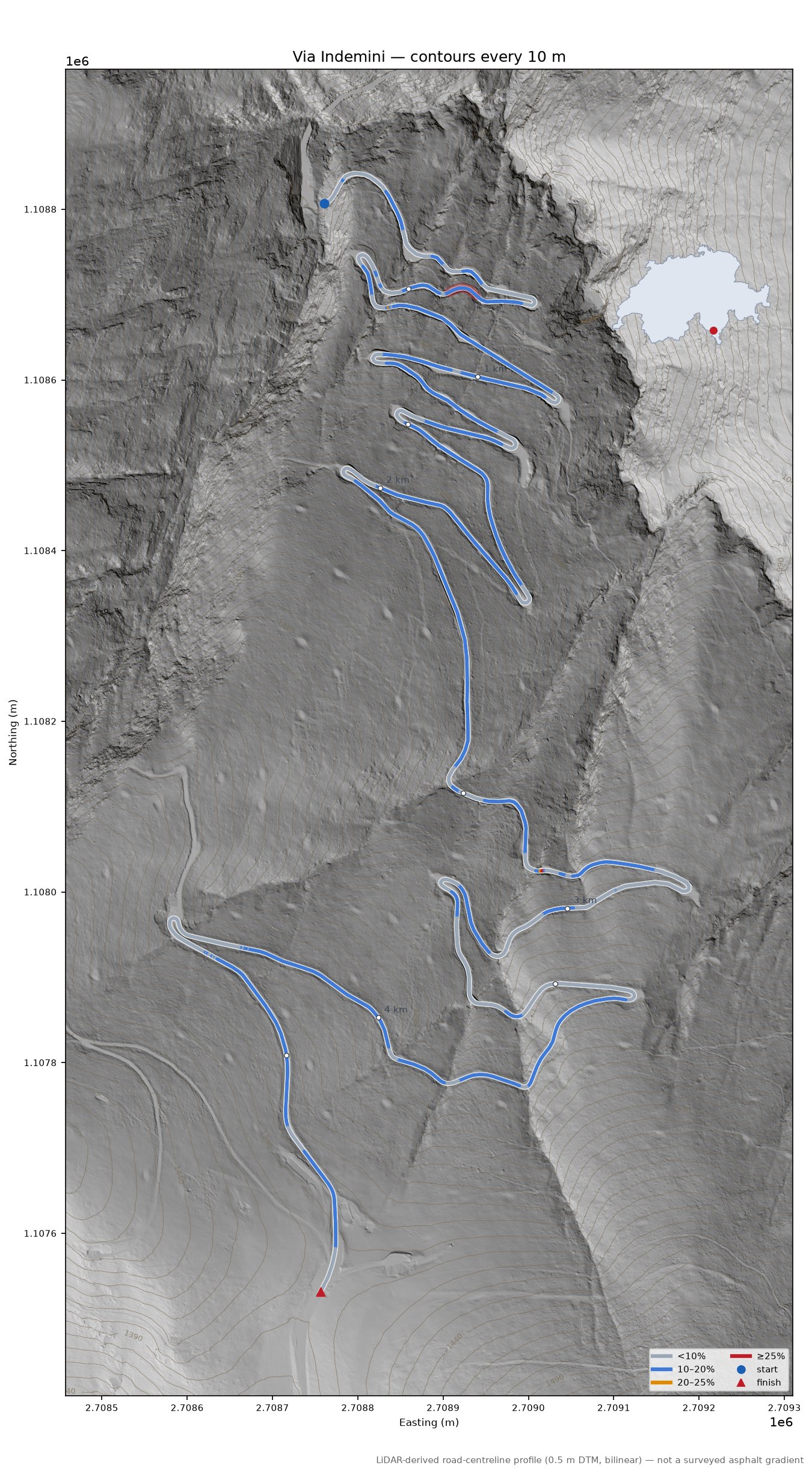 Via Indemini LiDAR hillshade map with contours