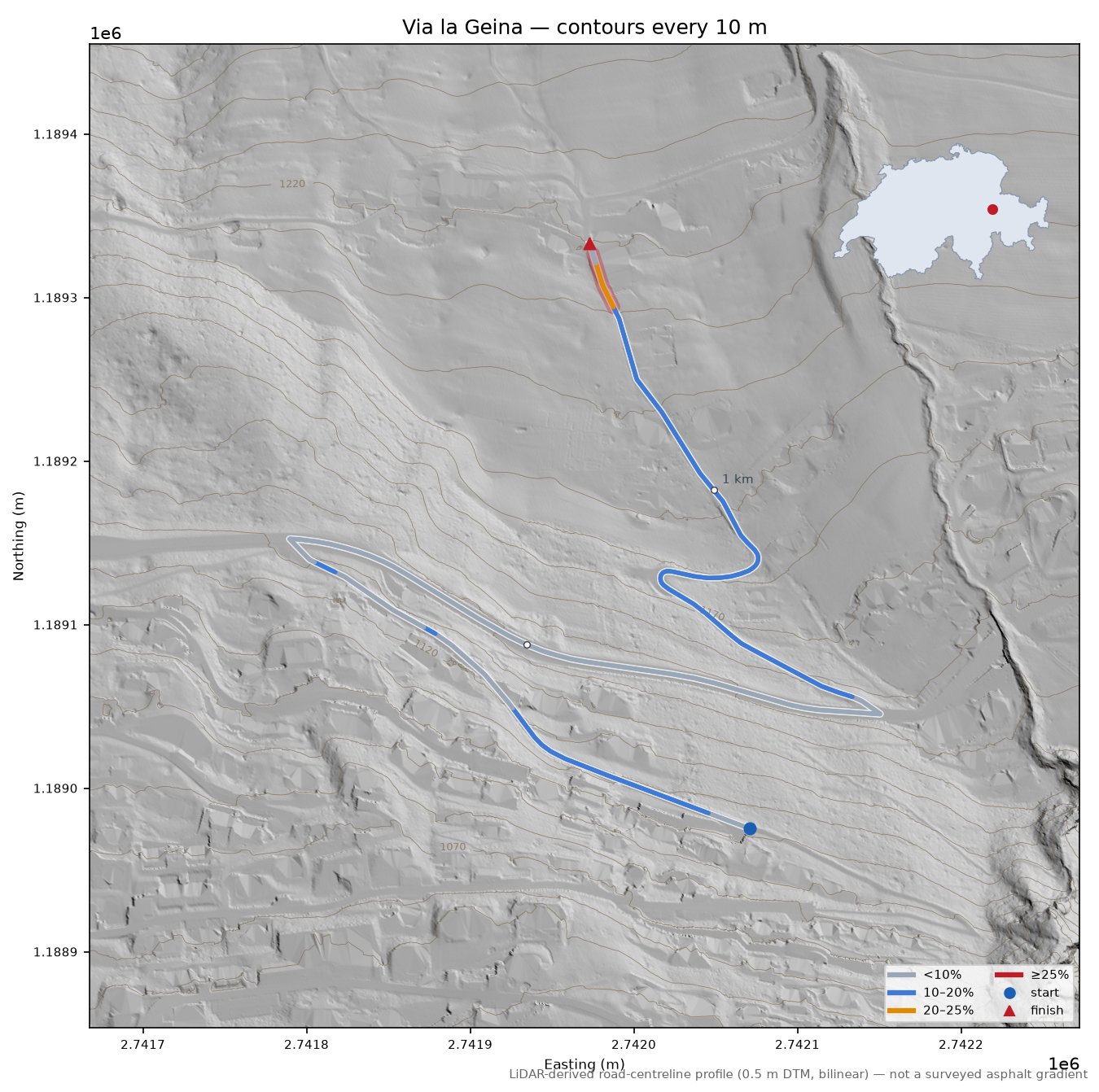 Via la Geina LiDAR hillshade map with contours