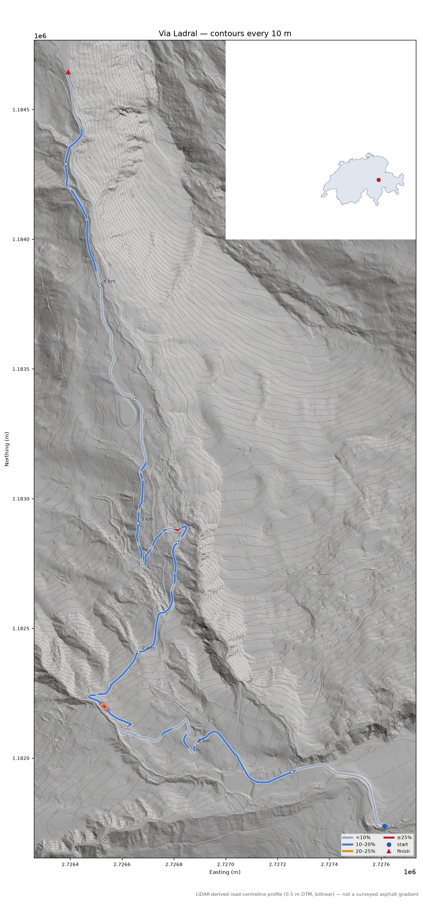 Via Ladral LiDAR hillshade map with contours