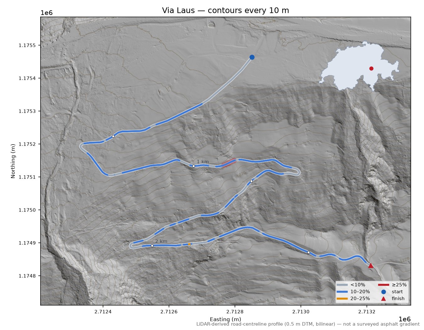 Via Laus LiDAR hillshade map with contours