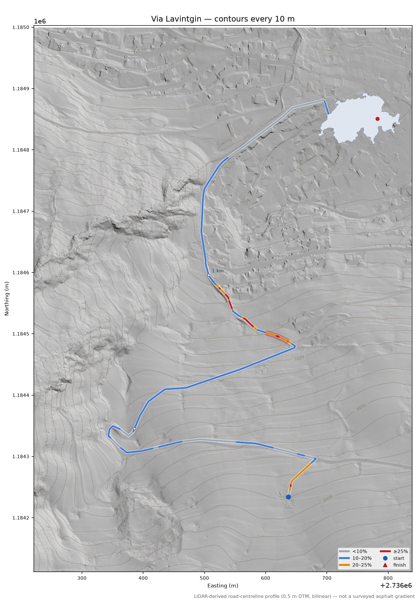 Via Lavintgin LiDAR hillshade map with contours